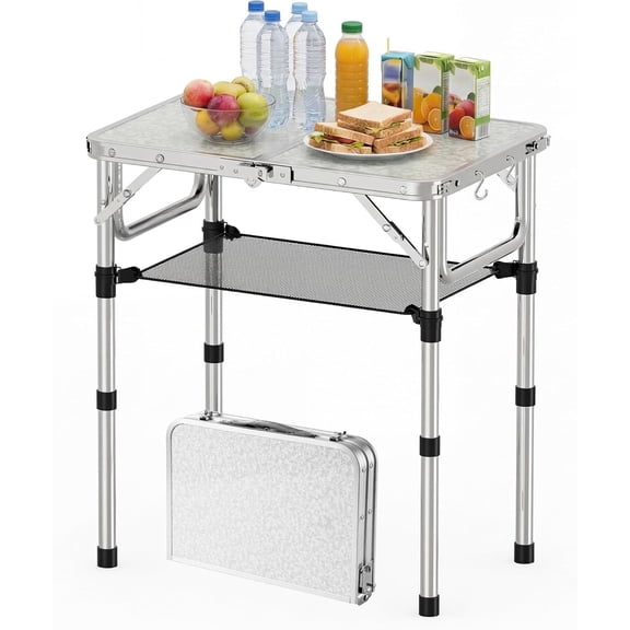 Small Folding Picnic Table with Storage Net, 3 Adjustable Heights 27.5" Aluminum Lightweight Portable Table with Carrying Handle for Camping Travel and Indoor