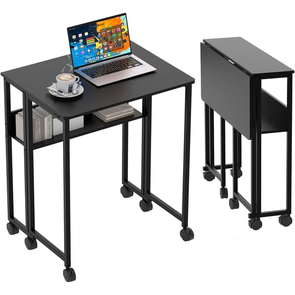 Small Folding Rolling Desk with Storage Shelf,24.8" Foldable Computer Desk with Wheels,Home Office Desk for Small Spaces,No Assembly Required