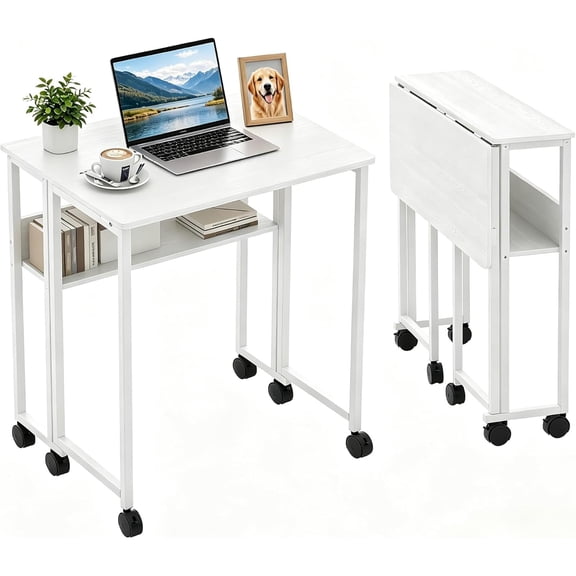 Small Folding Rolling Desk with Storage Shelf,24.8" Foldable Computer Desk with Wheels,Home Office Desk for Small Spaces,No Assembly Required