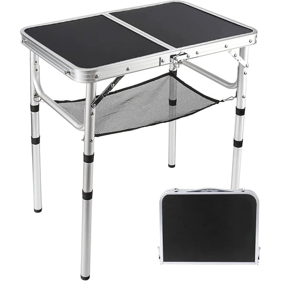 Small Folding Table 2 Foot, Portable Camping Table with Mesh Holders,Lightweight Aluminum Adjustable Height, with Carry Handle for Camping Picnic Indoor Outdoor, White 24 x 16 inch (Black