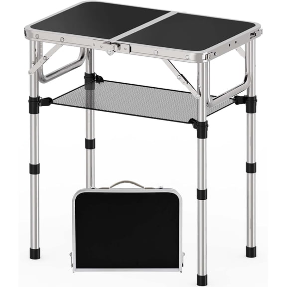 Small Folding Table, Aluminum 24" x 16" Adjustable Height Max 27.5" Folding Camping Table with Carrying Handle, Lightweight, Portable Camp Table for Outdoor Indoor Picnic Beach, Black