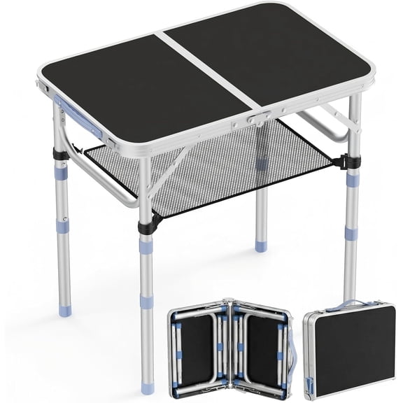 Small Folding Table Portable, 2FT Camping Pinic Table with 3 Adjustable Height, Aluminum Foldable Lightweight Patio Side Table with Carry Handle for Outdoor Hiking Camp BBQ Beach (Black)