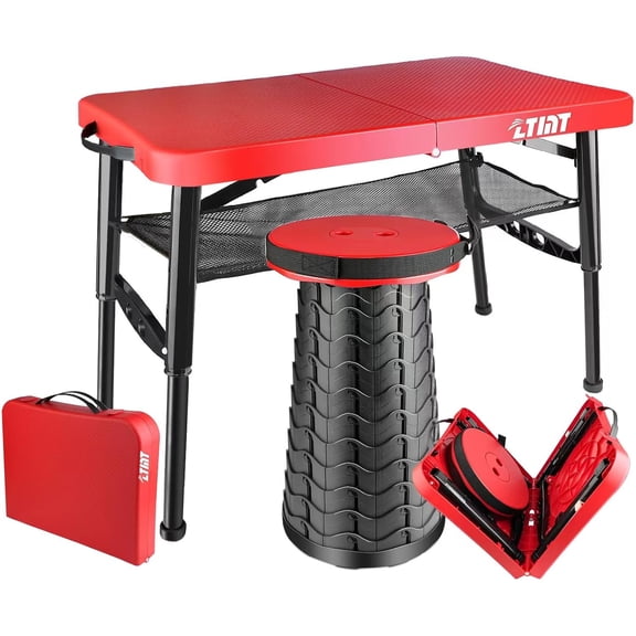 Small Adjustable Height Folding Table for Camping and Picnic, 4 Foot Lightweight, Red