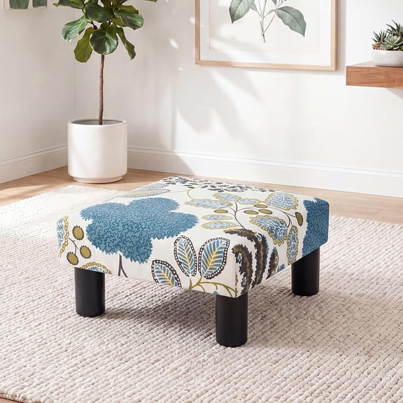 Small Foot Rest Stool Ottoman, Square Upholstered Fabric Footstool for Couch, Under Desk, Office, Living Room, Blue Floral