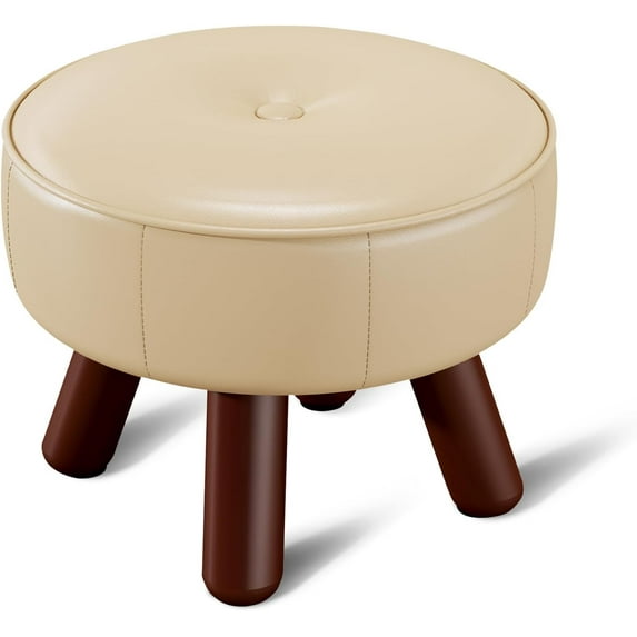 Small Foot Stool 13in, Round Faux Leaher Ottoman Foot Rest for Living Room, Under Desk Footstool Foot Rest with Non-Skid Rubber Legs for Bedroom, Entryway, 13''L x 13''W x 10.2''H, White