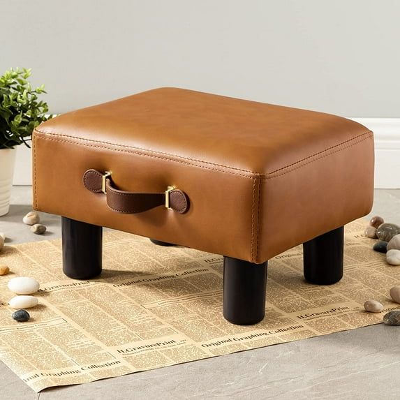 Small Foot Stool with Handle, Whisky Brown PU Leather Short Rest Rectangle Storage Foot Stools Ottoman with Plastic Legs, Padded Small Step Stool for Living Room, Office, Patio