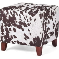 Small Foot Stool Ottoman, 16.3" Linen Cube Ottoman Foot Rest with Wood Legs, Upholstered Ottomans Footstool for Living Room, Bedroom, Couch, Cow Print