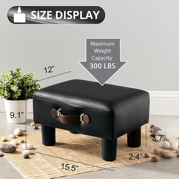 Small Foot Stool with Handle, Black PU Leather Ottoman for Living Room Office Desk Storage