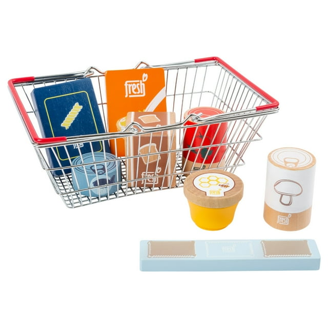 Small Foot Wooden Toys Children's 9 Piece Grocery Shopping Basket