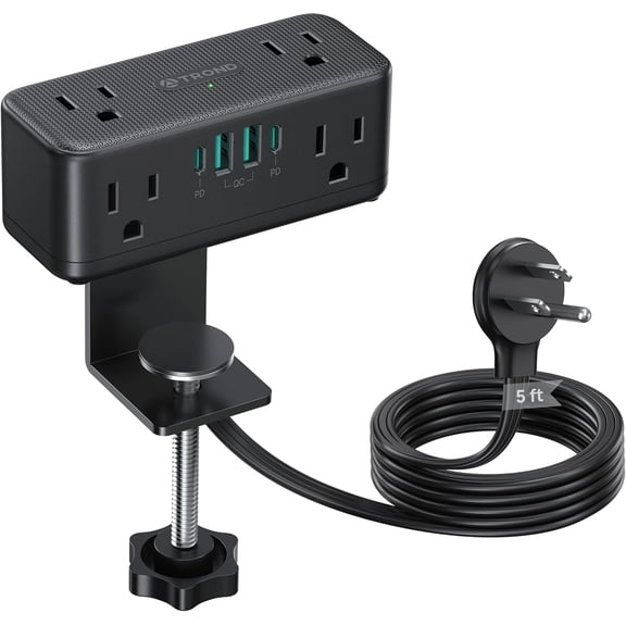 Small Footprint Desk Clamp Power Strip with USB C PD 20W, Flat Plug Extension Cord Surge Protector 5ft, 6 Wide Space Outlets 4 USB, Fit 2.16" Tabletop Edge, Home Office Accessories, Black