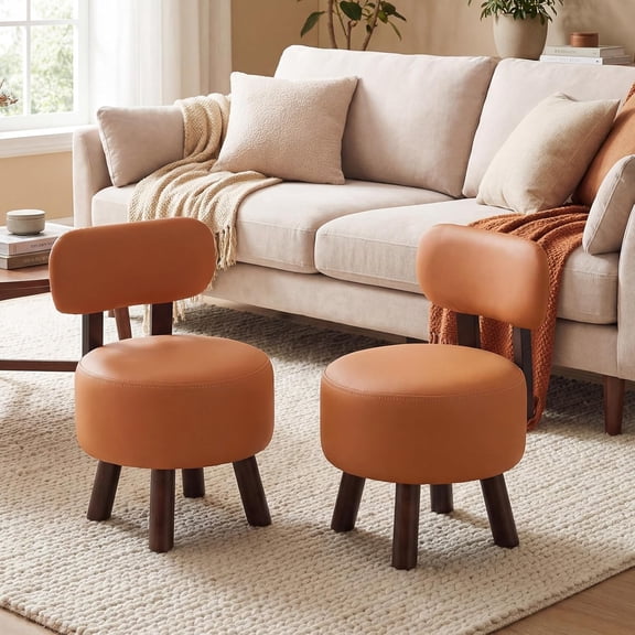 Small Footrest Stools Set of 2, Round Ottoman with Backrest & Rubber Wood Legs, Stackable Faux Leather Upholstered Foot Stool for Bedroom, Living Room, 330 LBS Load Capacity