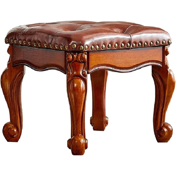 Small Footstool Brown Leather Ottoman, Vintage Carved Upholstered Footrest, Rubber Wooden Foot Rest Stool Sofa Stool (Red-Brown)