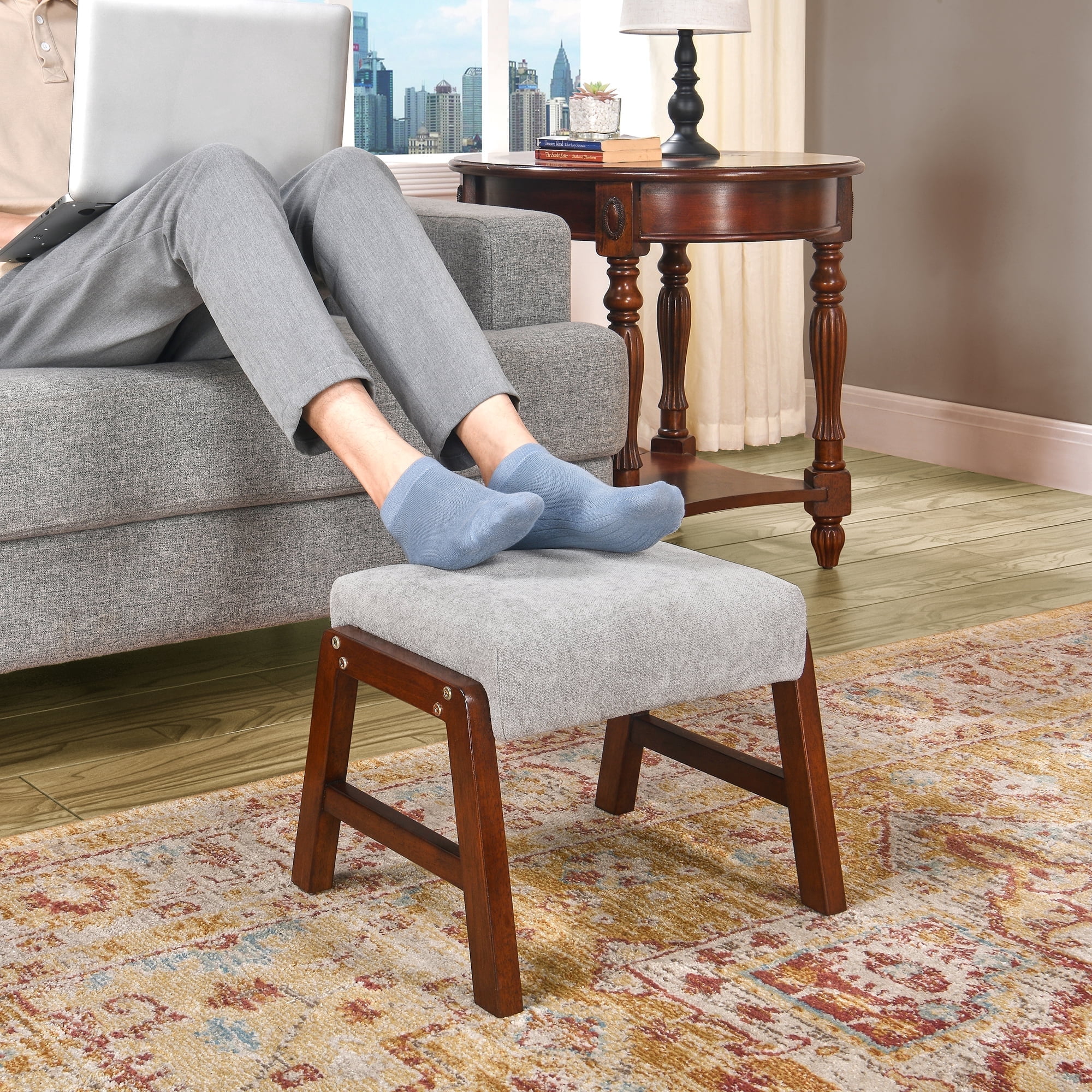 Small Footstool Ottoman, Fabric Wooden Foot Rest Ottoman with Wood Legs, Small Foot Stool Sofa Footrest Extra Seating for Living Room Entryway Office, Light Grey