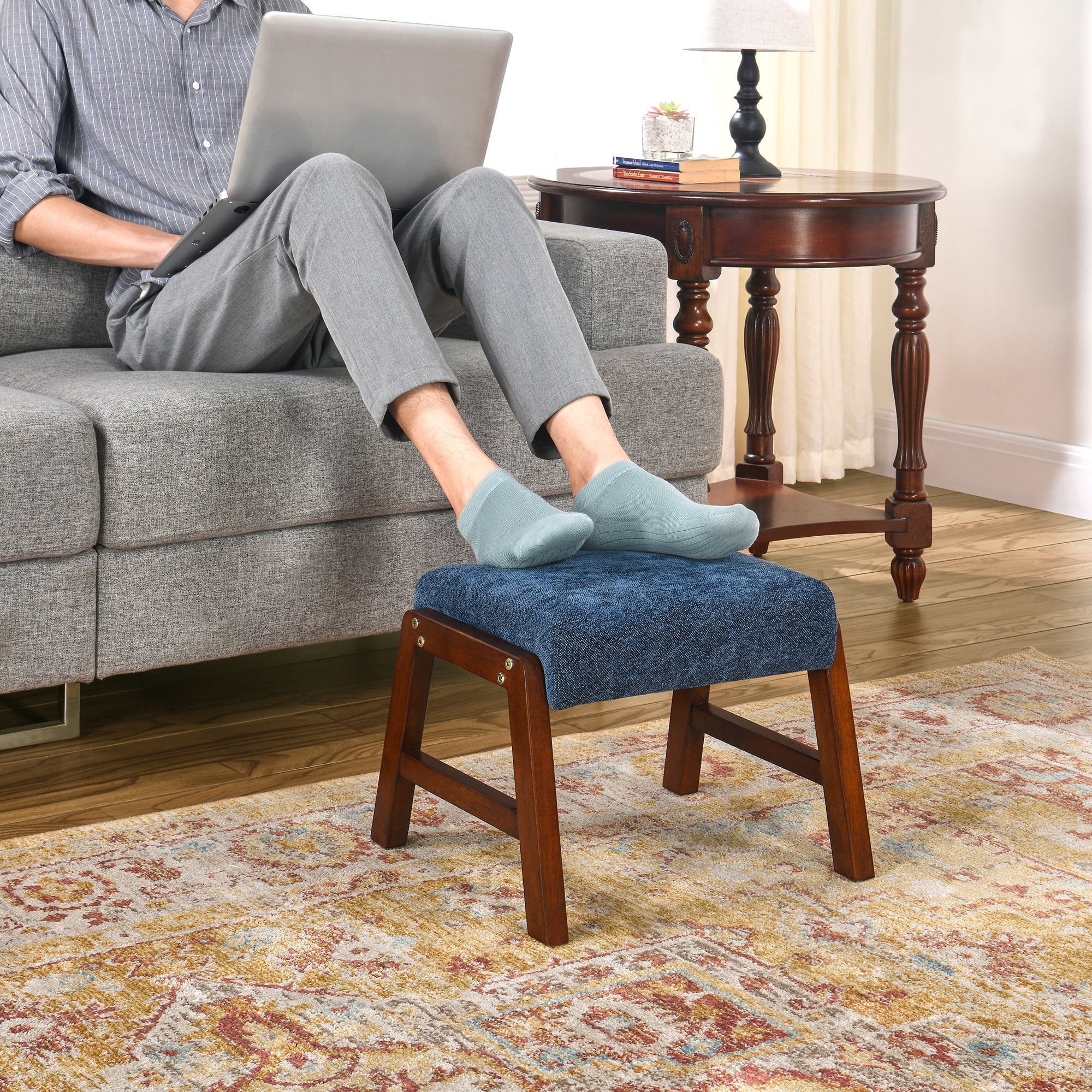 Small Footstool Ottoman, Fabric Wooden Foot Rest Ottoman with Wood Legs, Small Foot Stool Sofa Footrest Extra Seating for Living Room Entryway Office, Royal Blue
