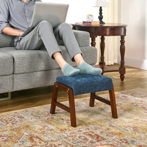 Small Footstool Ottoman, Fabric Wooden Foot Rest Ottoman with Wood Legs, Small Foot Stool Sofa Footrest Extra Seating for Living Room Entryway Office, Royal Blue