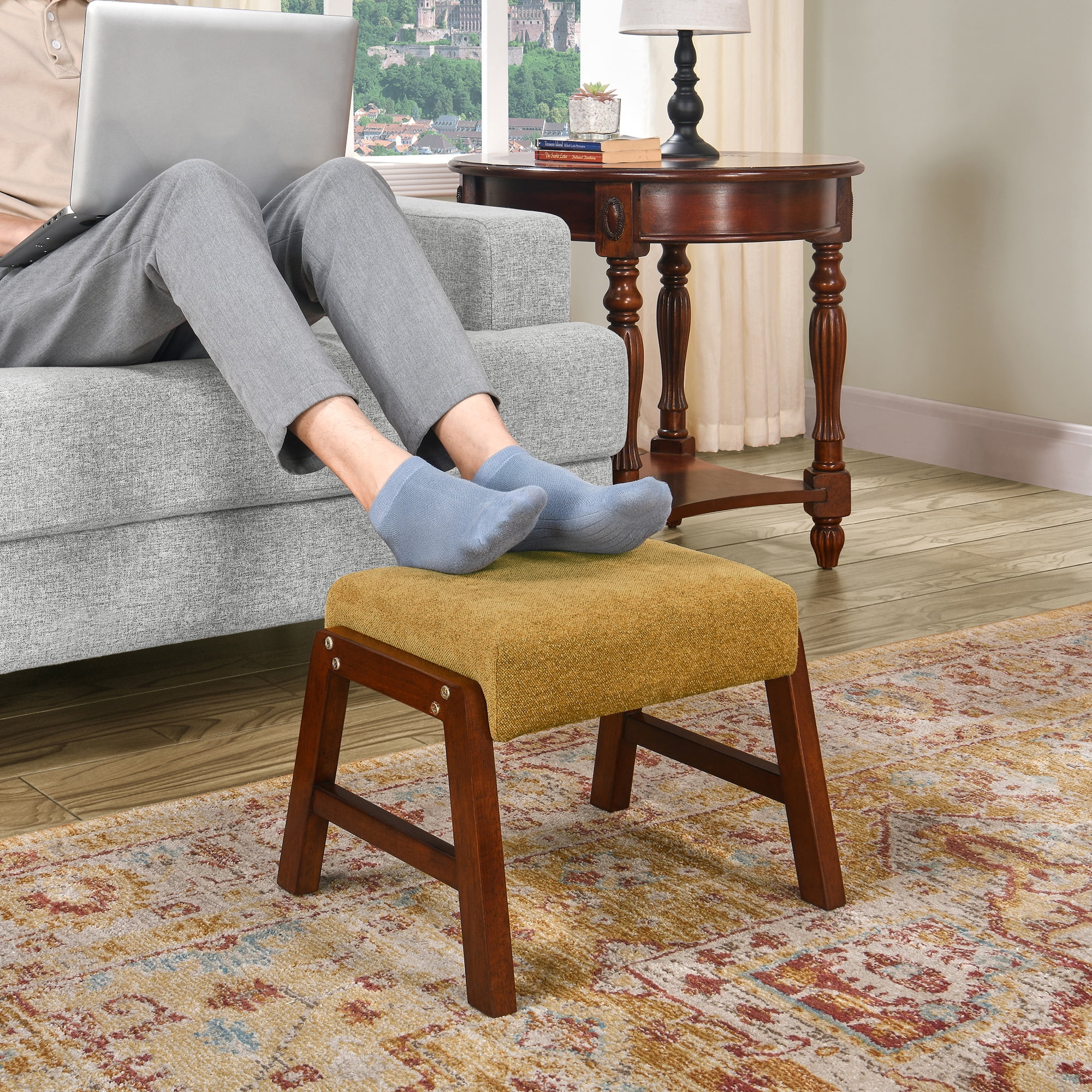 Small Footstool Ottoman, Fabric Wooden Foot Rest Ottoman with Wood Legs, Small Foot Stool Sofa Footrest Extra Seating for Living Room Entryway Office, Turmeric