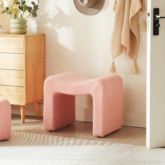 Small Footstool Ottoman Vanity Stool Chair Seating Backless Modern Foot Rest Teddy Velvet Ottoman for Makeup Room Living Room Bedroom Entryway,White (Single )