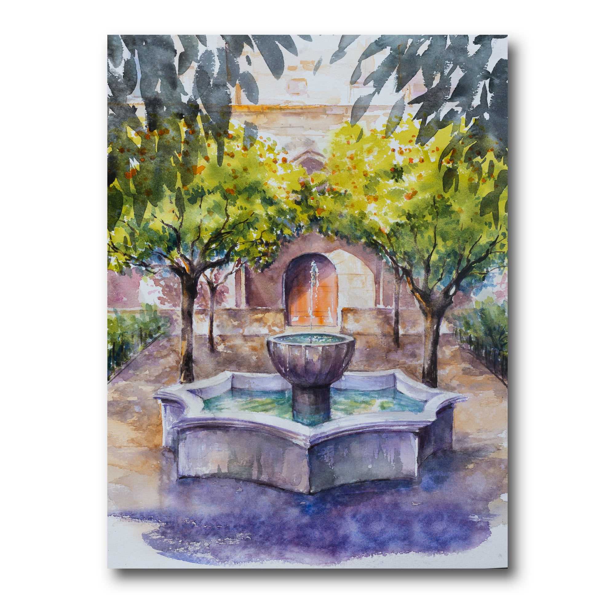 Small Fountain With Trees In The Village House 16 in x 32 in Painting Canvas Art Print, by Designart