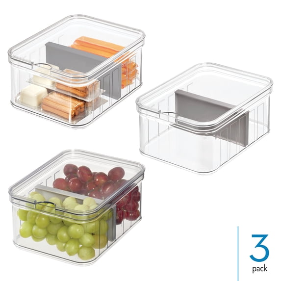 Small Fridge Organizer Bin with Removable Divider and Lid - Store Fruits, Vegetables, and Snacks