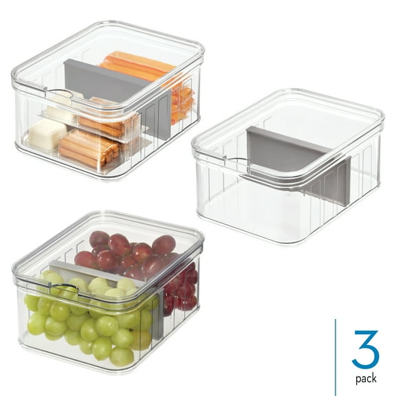 Small Fridge Organizer Bin with Removable Divider and Lid - Store Fruits, Vegetables, and Snacks