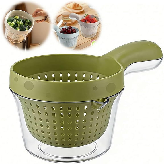 Small Fruit Colander Dual Layer Draining Basket with Handle, Mini Berry & Tomato Washer, Vegetable Washing Bowl with Strainer, Portable Rinser (Green)