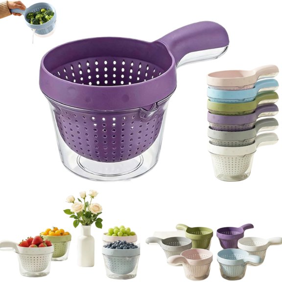 Small Fruit Colander and Dual Layer Draining Basket with Handle, Vegetable Strainer Washer for Berries Tomatoes, Kitchen Rinser Container Bowl for Washing and Draining