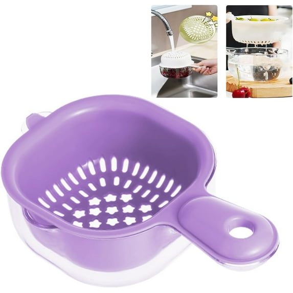 Small Fruit Colander,Fruit Rinser Strainer Container Dual-Layer Vegetable Cutting And Draining Basket,Watermelon Bowl With Strainer For Mini Berry And Tomato Grape Washer (Purple)
