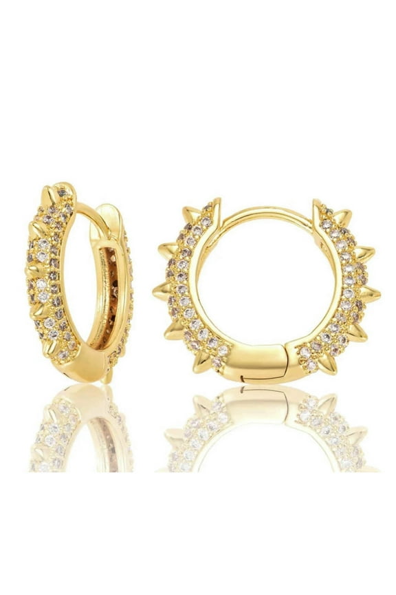 Small Fully Iced Cz Punk Style Yellow Gold 925 Sterling Silver Men’s Spike Huggie Hoop Earrings