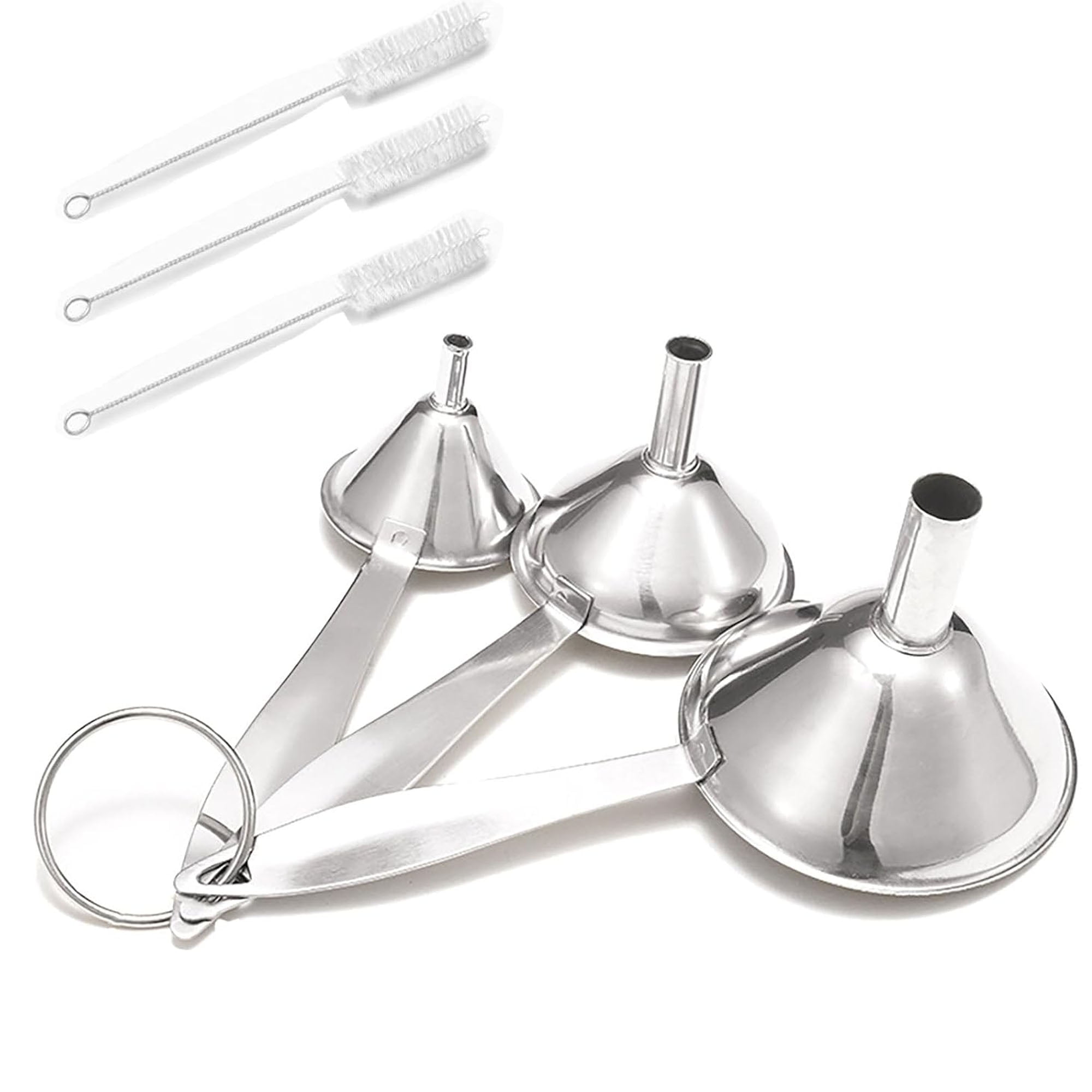 Small Funnels for Filling Bottles, 3 Pcs Stainless Steel Kitchen Funnel Set with Long Handle, Food Grade Mini Metal Funnel for Transferring Oil Liquid, Easy Cleaning with a Brush