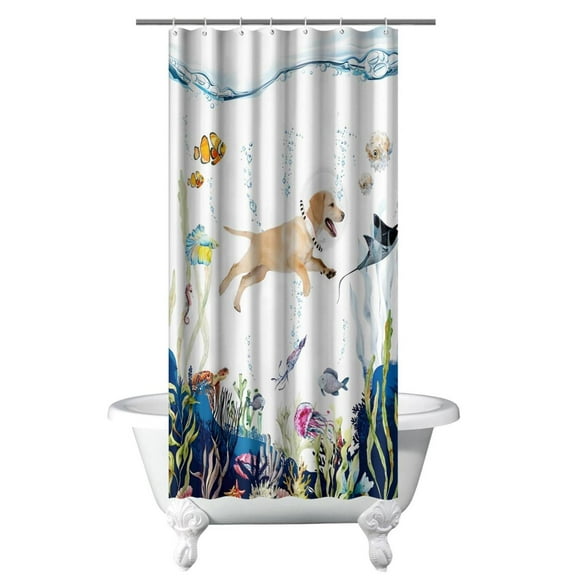 Small Funny Dog Shower Curtain Blue Sea Ocean Underwater Fish Turtle Octopus Jellyfish Waterproof Bathroom Decor Polyester Fabric Waterproof Durable Plastic Hooks 7 Pack (36Wx72L)