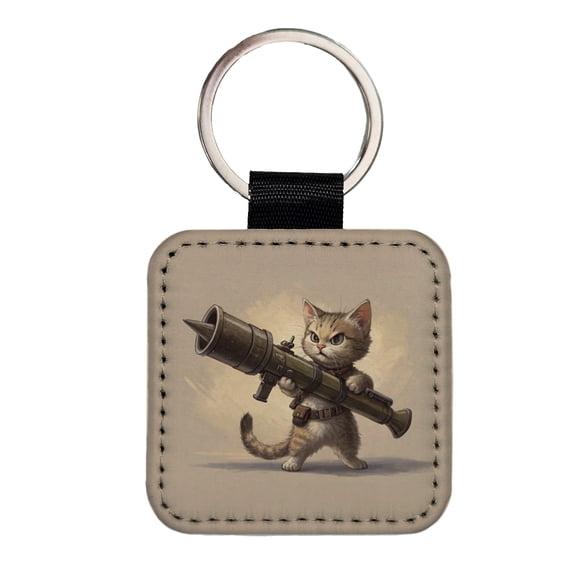 Small Fuzzy Cat Kitten with a Rocket Launcher Funny Faux Leather Square Keychain