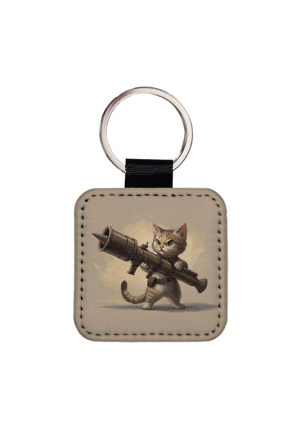 Small Fuzzy Cat Kitten with a Rocket Launcher Funny Faux Leather Square Keychain