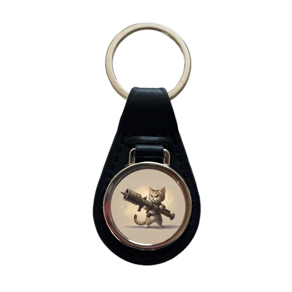 Small Fuzzy Cat Kitten with a Rocket Launcher Funny Metal Black Leather Keychain