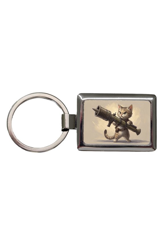 Small Fuzzy Cat Kitten with a Rocket Launcher Funny Metal Rectangle Keychain