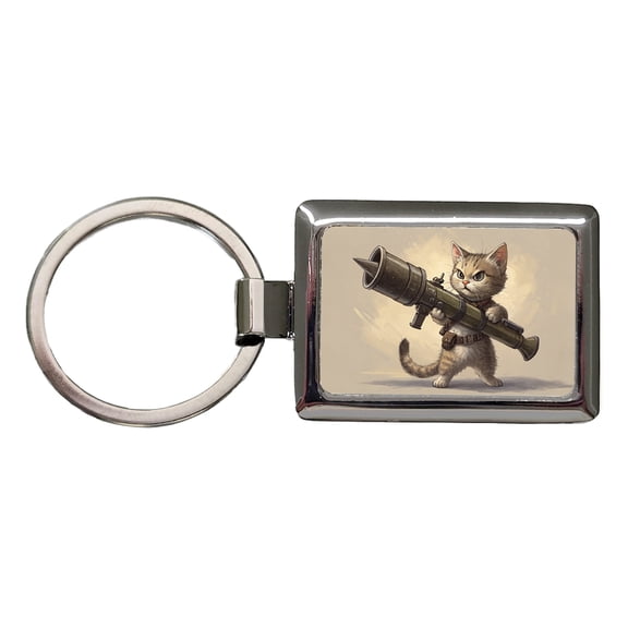 Small Fuzzy Cat Kitten with a Rocket Launcher Funny Metal Rectangle Keychain
