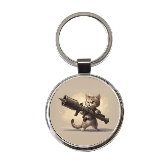 Small Fuzzy Cat Kitten with a Rocket Launcher Funny Metal Round Keychain