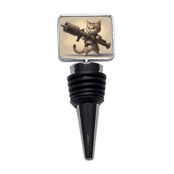 Small Fuzzy Cat Kitten with a Rocket Launcher Funny Wine Bottle Stopper Cap Plug