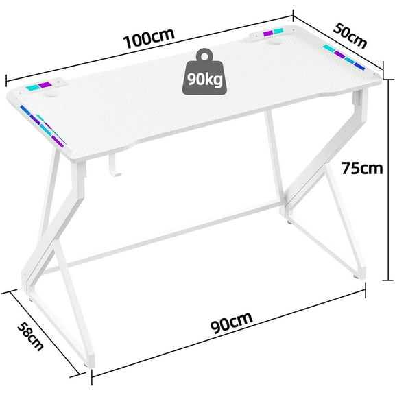 Small Gaming Desk with LED Lights, 40 Inch Computer Desk for Home Small Space, Gaming Table with Carbon Fiber Surface, PC Gamer Desk for Kids Boys Men, White