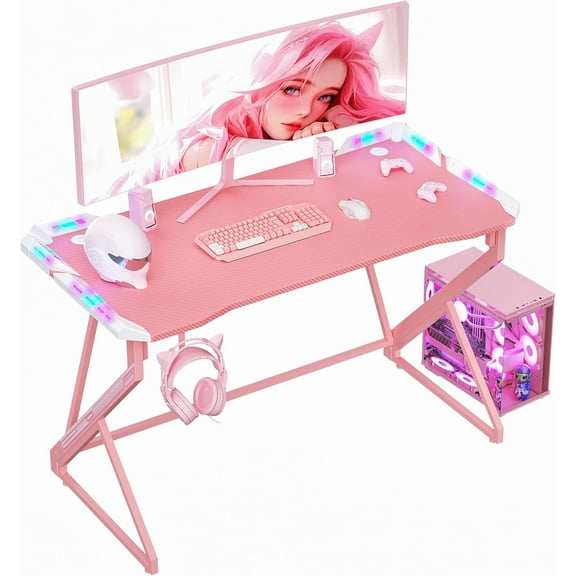 MY Small Gaming Desk with LED Lights, 40 Inch Computer Desk for Home Small Space, Gaming Table with Carbon Fiber Surface, PC Gamer Desk for Kids, Pink