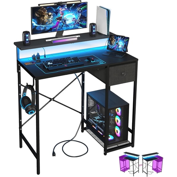 Small Gaming Desk with LED Lights & Power Outlets, Compact Computer Desk with Monitor Stand & CPU Stand, Gamer Table with Storage Drawer, Side Hooks for Home Office, Bedroom, Black