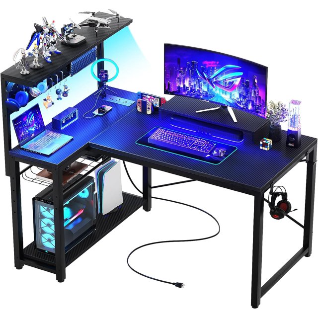 Small Gaming Desk with Power Outlets Pegboard LED Light, 43 Inch L
