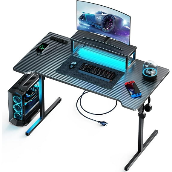 Small Gaming Desk with LED Lights & Power Outlets, 55 Inch Computer Desk with Monitor Stand, PC Gaming Table with Carbon Fiber, Black