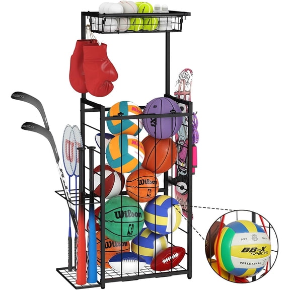 Small Garage Ball Storage Rack with Elastic Straps and 3 Hooks for Sports Equipment and Toys