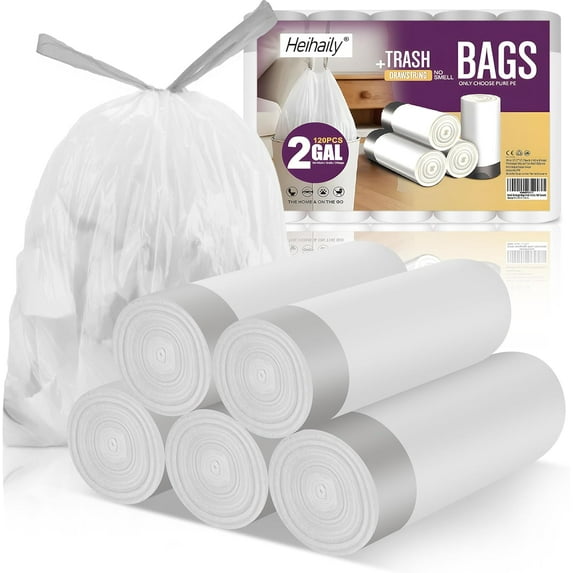 Small-Garbage-Bag 2-Gallon-Size Trash Bags Drawstring - Unscented Clear White Mini Bulk Drum Plastic Liners Recycling for Kitchen Office Bathroom Can Waste Basket, 5 Rolls, 120 Counts