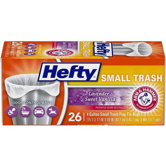 Small Garbage Bags, Flap Tie, Lavender & Sweet Vanilla Scent, 4 Gallon, 26 Count