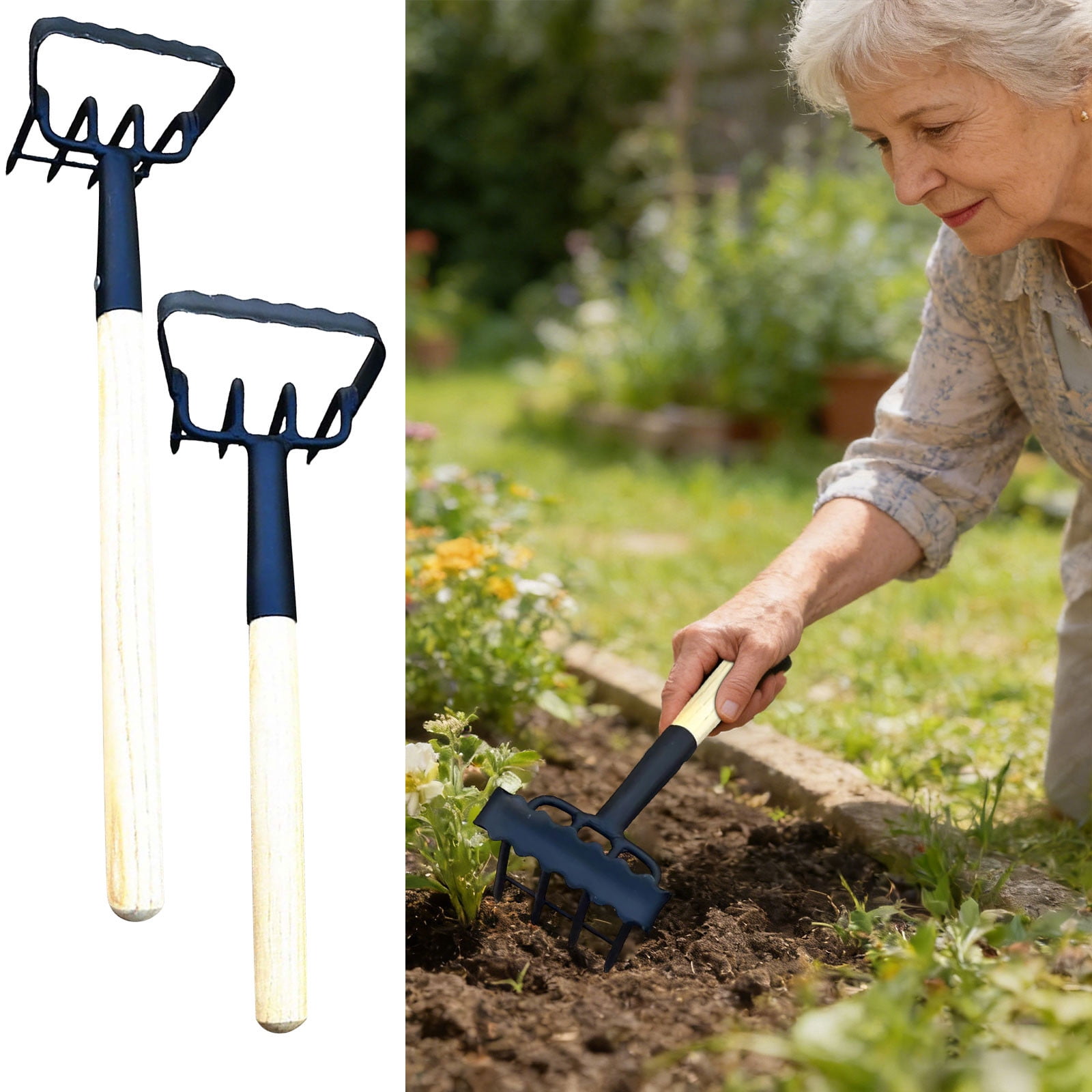 Small Garden Hand Rake with Ergonomic Wood Handle, Heavy Duty High Carbon Steel Cultivator Tool for Weeding, Loosening Soil and Transplanting in Home Yard and Flower Beds