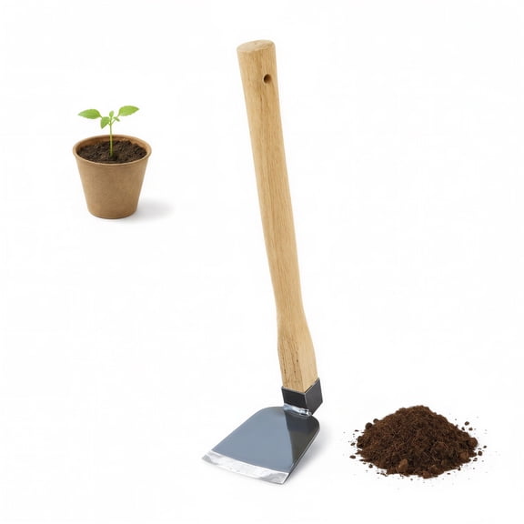 Small Garden Hoe, Stainless Steel Narrow Hoe with Wooden Handle, 3.9 x 3.3 in / 10 x 8.5 cm, Pre-Assembled Short Handle Tool for Weeding, Planting, Soil Loosening and Gardening