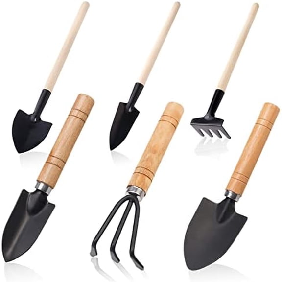 Small Garden Tool Set, 6 Pieces Iron Gardening Kit Including Hand Shovel, Transplant Shovel and Hand Rake with Wood Non-Slip Handle Perfect for Plant Lovers