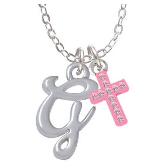 Small Gelato Script Initial - G - - Light Pink Crystal Cross Sophia Necklace, 18"+1"