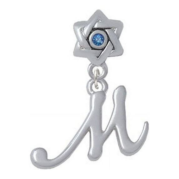 Small Gelato Script Initial - M - Star of David with Blue Crystal Charm Bead